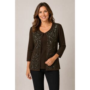 Coldwater Creek Brown Mocha 3/4 Sleeve Cardigan with Sequins Size Medium 10/12